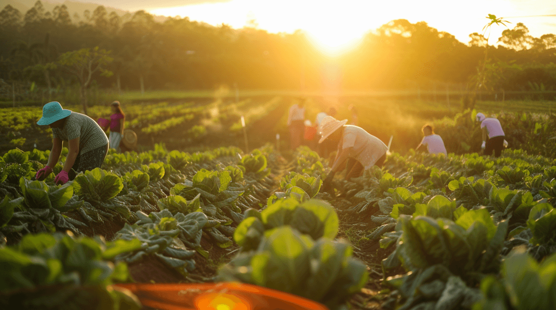 Imagem mostra plantação e pessoas no campo colhendo com por do solno fundo