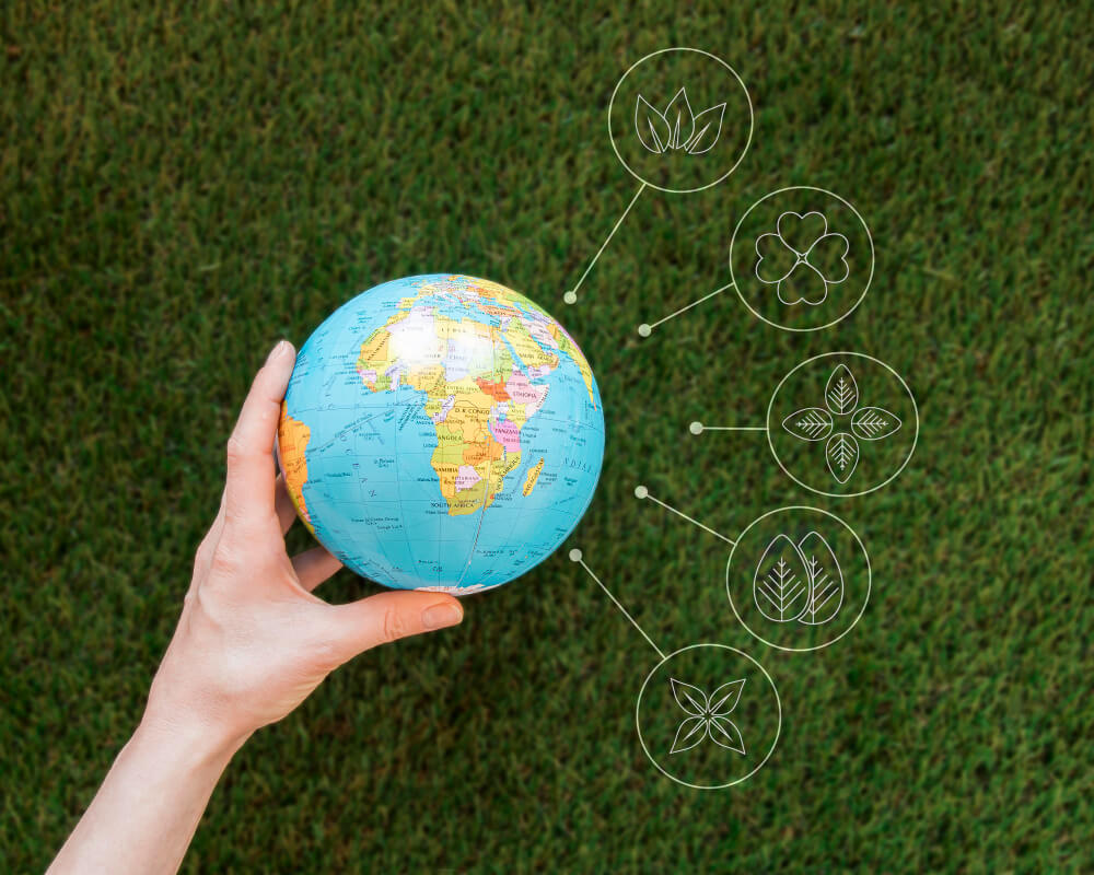 Imagem mostra uma pessoa segurando um globo terrestre com ícones apontando ao globo significando elementos de ESG