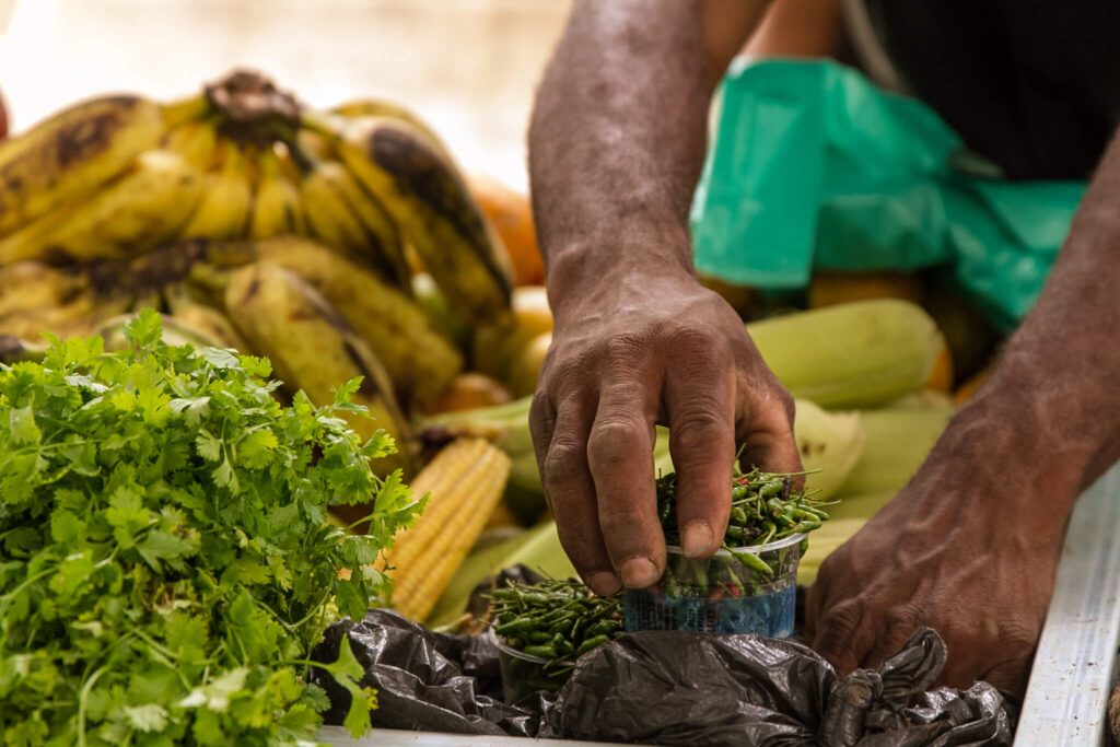 Imagem mostra mão de homem de pele escura mexendo em frutas e verduras. Remete a agricultura familiar.