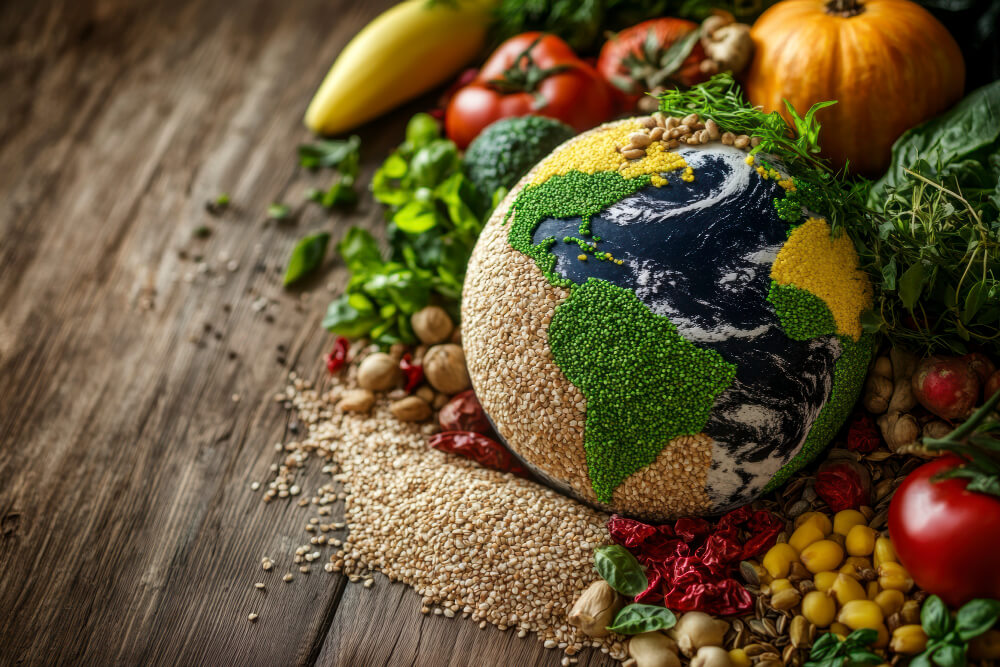 Imagem mostra globo terrestre em formato de alimento, em cima da mesa