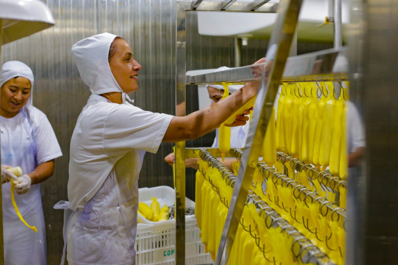 Imagem mostra mulher em ambiente de fábrica de queijo, manipulando máquina