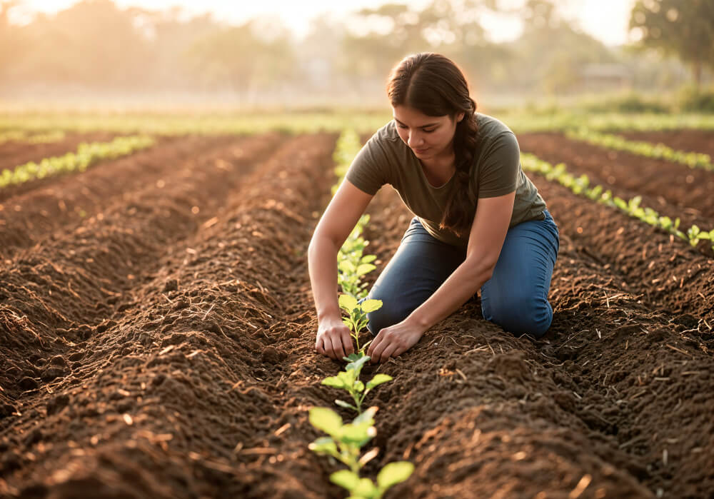 Produtora rural realizando plantio em sistema de agroecologia em cultivo sustentável