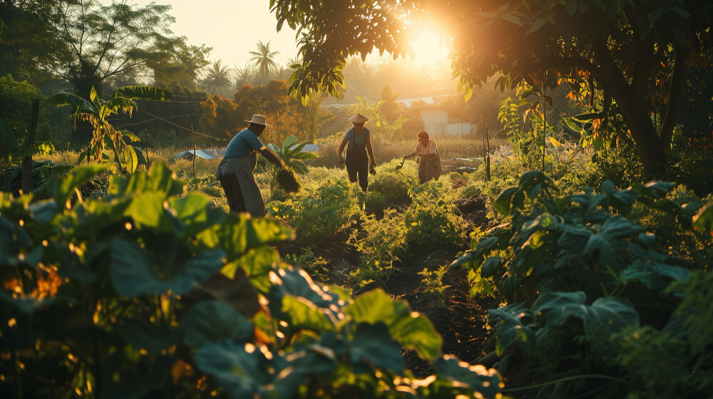 Agricultores cultivando alimentos diante dos desafios da emergência climática